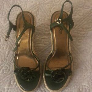 Tribeca wedge heels. Evergreen “velvet.”